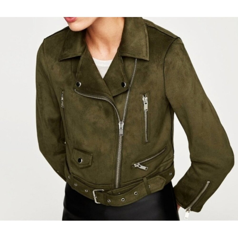 Zara Belted Suede Effect Biker Jacket Olive Military Moto Edgy Punk Cropped Coat